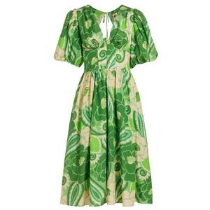 FARM Rio Tropical Groove Bustier Midi Dress Green Women's XS Puff‎ Sleeve EUC-LN